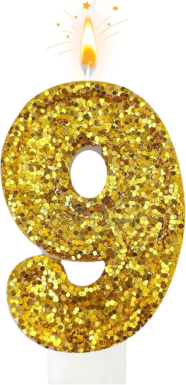 Birthday Number Candles, Glitter Number Candle Cake Decorations with Sequins, Cupcake Decorations for Girls, Women, Party Anniversary Celebrations (Number 9, Golden)