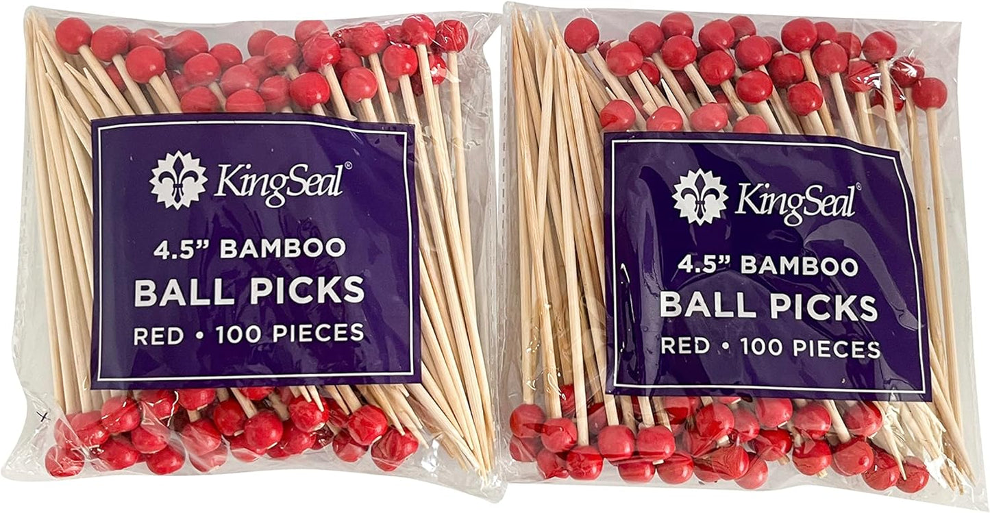 200 Count | KingSeal Bamboo Specialty Cocktail Party Picks, 4.5 Inches, Red Ball Head, Perfect for Appetizers and Cocktails, Bulk Pack - 2 Packs of 100