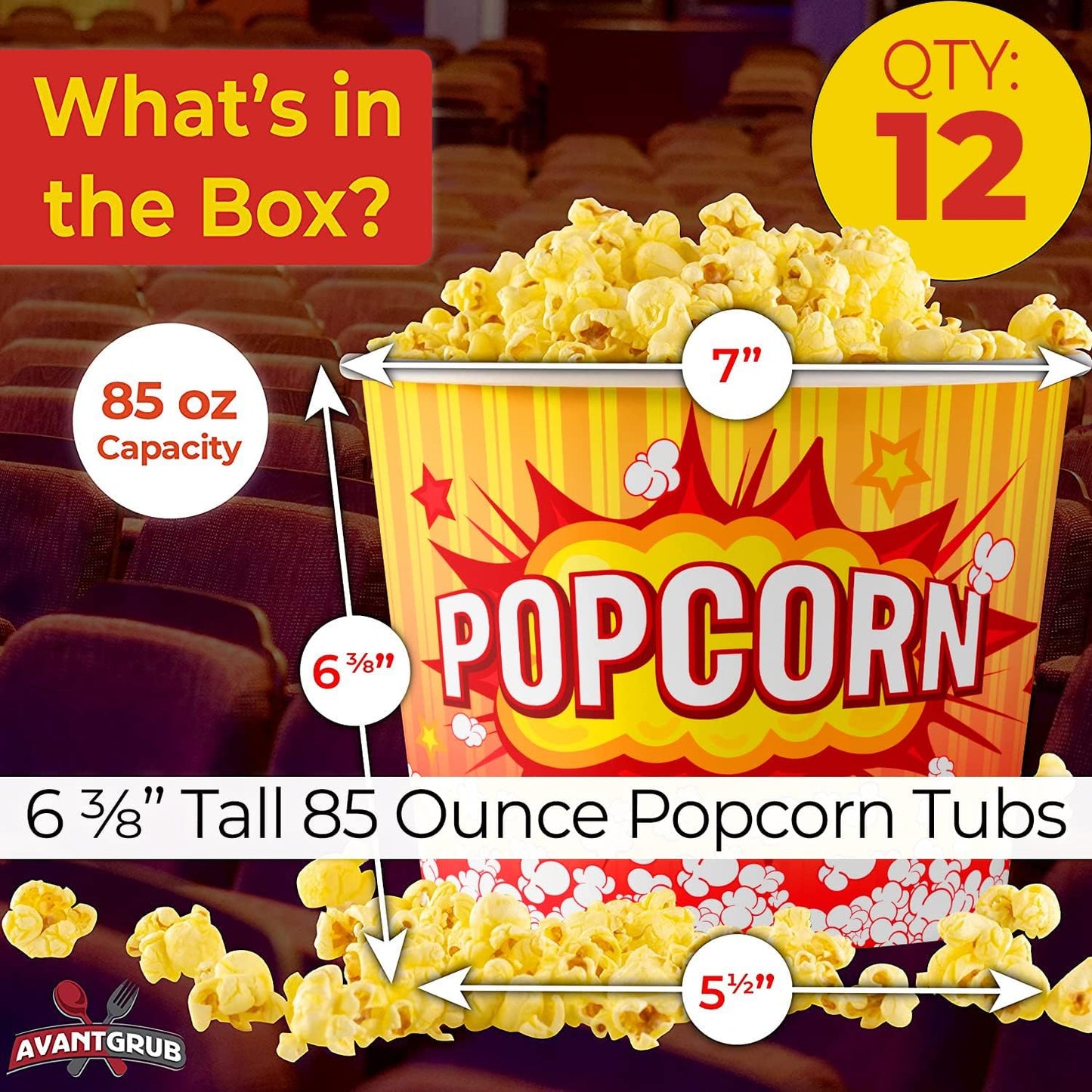 Greaseproof, Retro 85oz Popcorn Buckets 12 Pack. Reusable and Durable Pop Corn Tubs in Red Yellow. Large Disposable Containers Perfect For Movie Night, Theme Party, Theater, Carnivals & Fundraisers