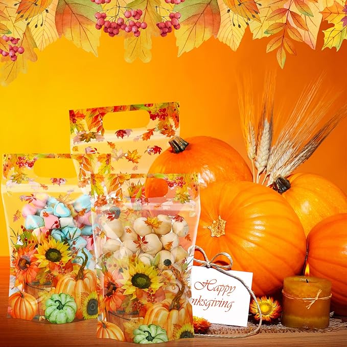 Blosssound 50 Pcs Thanksgiving Gift Bags Resealable Fall Goodie Bags Pumpkin Plastic Pouches Maple Leaf Sealing Pouches with Handles for Autumn Harvest Party Gift Wrapping Supplies Decor (Maple Leaf)