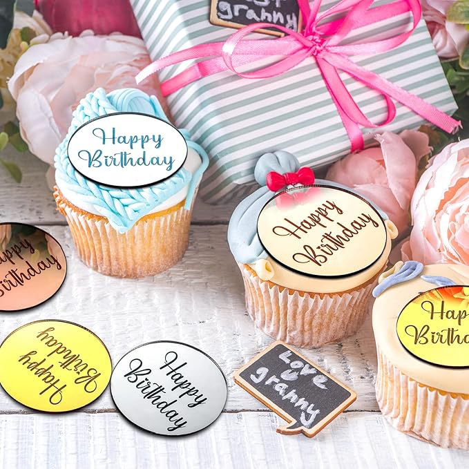 Qunclay 30 Pcs Happy Birthday Acrylic Cake Toppers, Mirror Acrylic Cupcake Toppers, 3 Multi-shape & Gold Rose Gold Silver Cupcake Picks for Birthday Party Pastries Decor DIY Supplies(Round)