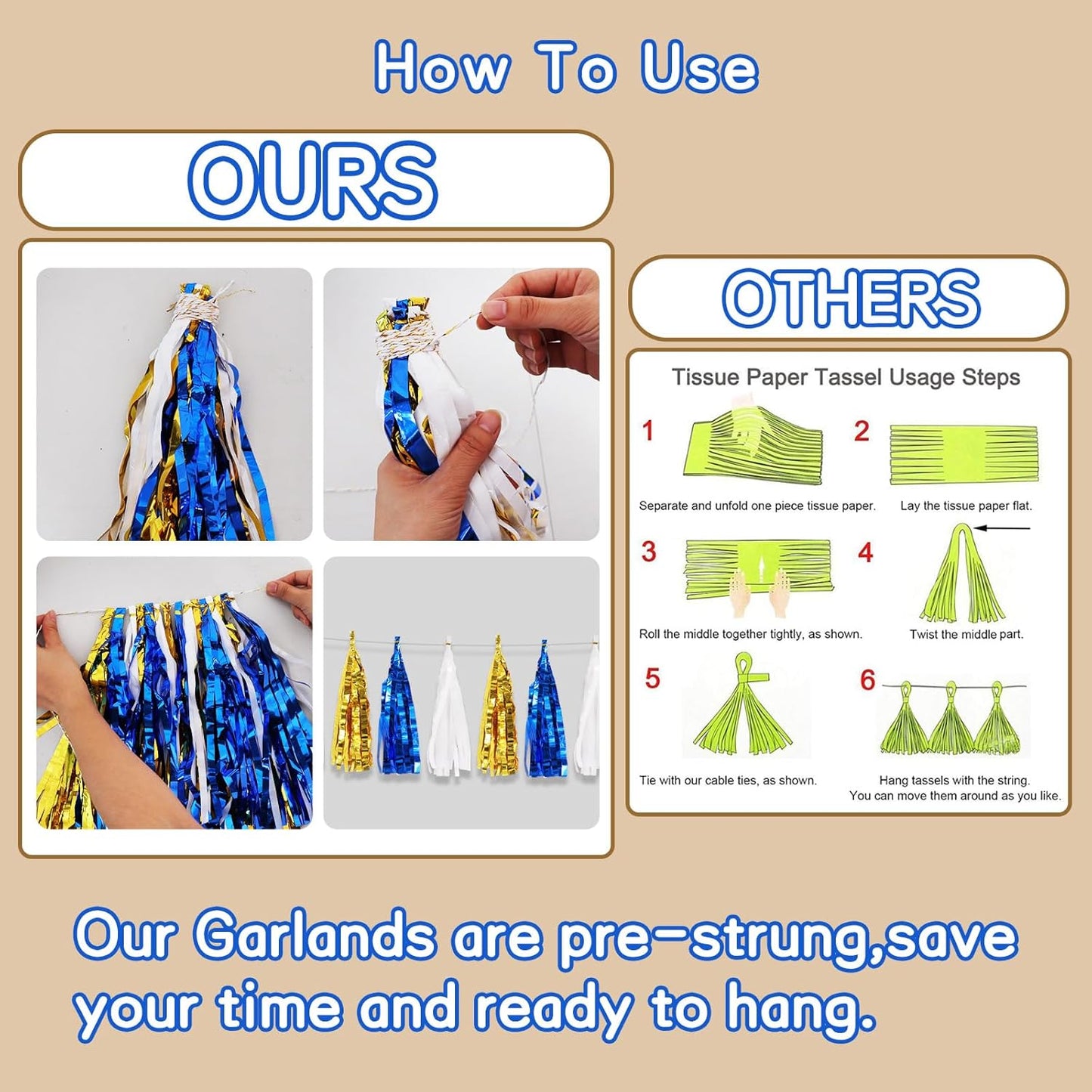 BEISHIDA 3 Packs Blue Gold White Metallic Foil Fringe Tassel Garland, Tassels Banner Streamers for Car Floats Bridal/Baby Shower Birthday Wedding Halloween Christmas Holiday Party Decoration