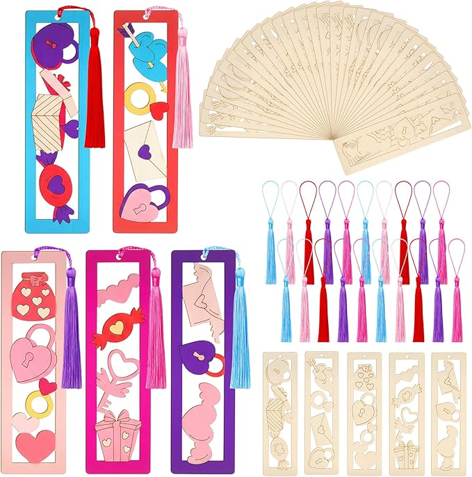 Yexiya 100 Pcs/50 Set Valentine's Day Wooden Bookmarks DIY Craft Kit, Love Heart Bookmark Art Set for Classroom, Book Lovers, Birthday Holiday Gifts