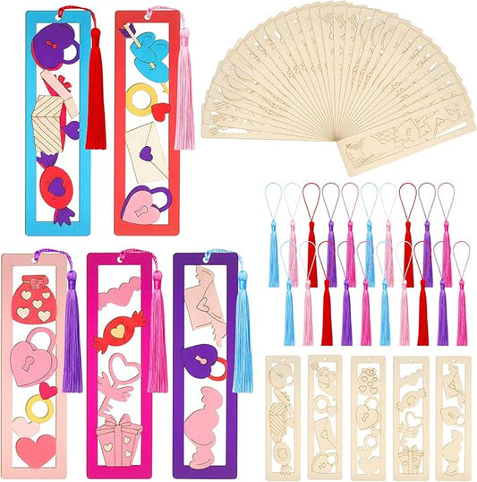 Yexiya 100 Pcs/50 Set Valentine's Day Wooden Bookmarks DIY Craft Kit, Love Heart Bookmark Art Set for Classroom, Book Lovers, Birthday Holiday Gifts