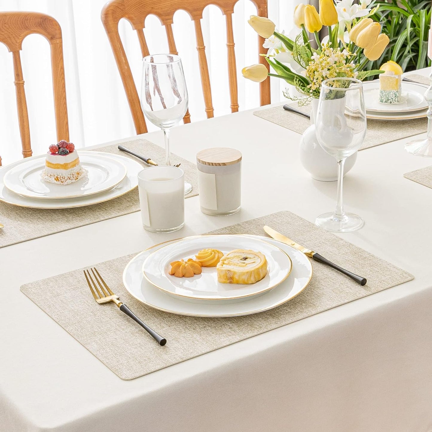 Romanstile Vinyl Placemats Set of 6-12 X 18 Inch - Heat Resistant Place Mats 100% Waterproof Oilproof Wipeable Reversible Faux Leather Table Mats for Kitchen/Dining/Party/Outdoor, Beige
