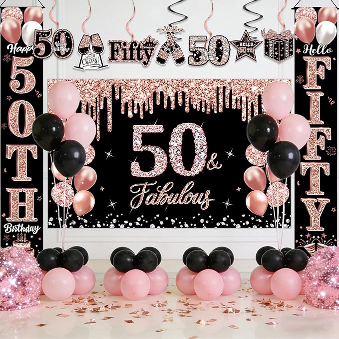 50th Birthday Decorations for Women, 38-Piece Black and Rose Gold 50 Years Old Party Supplies with Backdrop, Honeycomb Centerpieces, Banner, Hanging Swirls, Porch Banner, Balloons, Sash, Crown