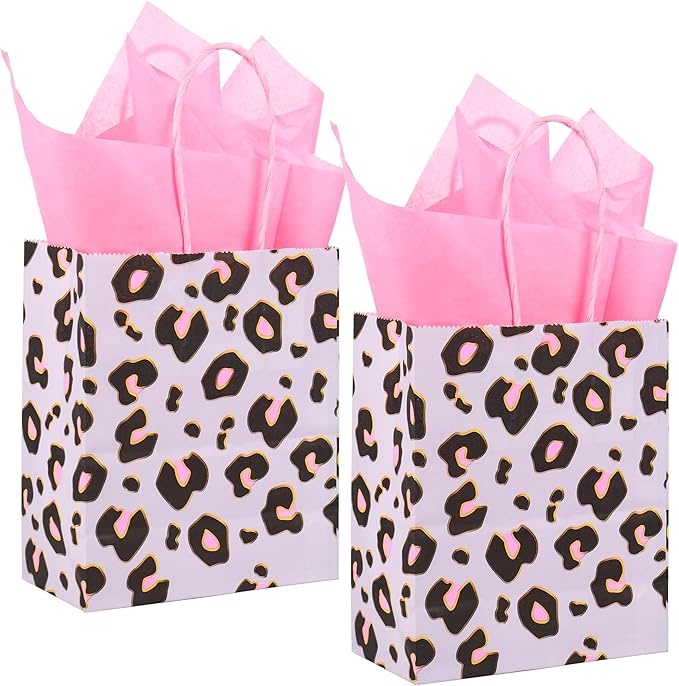DjinnGlory 24 Pack Mini Small Gray Leopard Cheetah Print Party Favor Bags with Handles and Pink Tissue Paper for Party Favors Goodies, Small Business Gifts, Merchandises, 6.5x5.5x3 Inch