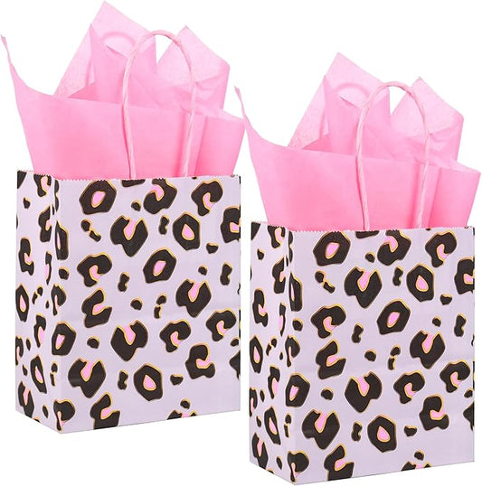 DjinnGlory 24 Pack Mini Small Gray Leopard Cheetah Print Party Favor Bags with Handles and Pink Tissue Paper for Party Favors Goodies, Small Business Gifts, Merchandises, 6.5x5.5x3 Inch