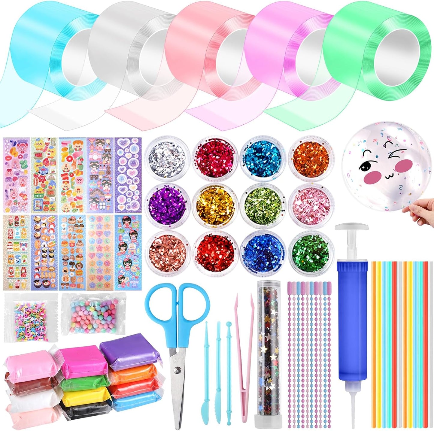 Needbrock 5 Pcs Nano Tape Bubble Kit,1m/3.28 ft Each Roll Nano Tape Bubbles Double Sided Tapes with Luxe Glitter, Clay, Beads, Cute Stickes Suitable for Over 3 Years Old