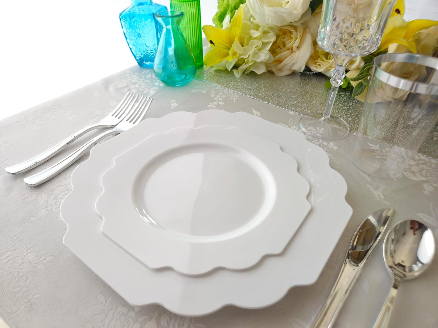 " OCCASIONS " 120 Plates Pack,(60 Guests) Heavyweight Wedding Party Disposable Plastic Plates Set -60 x 10.5'' Dinner + 60 x 8'' Salad/Dessert Plate (Imperial White)