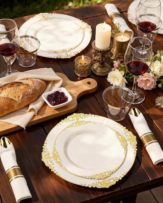 Nervure 175PCS Ivory Plastic Plates - Ivory Gold Plastic Dinnerware Sets for 25 Guests - 50 Ivory Disposable Plates, 25 Pre Rolled Cutlery Set, 25 Cups Perfect for Wedding, Party