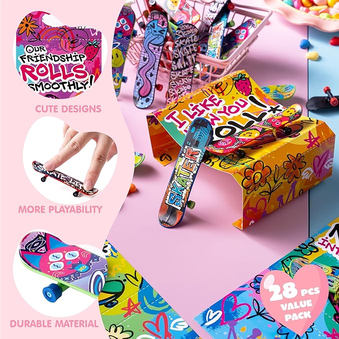 JOYIN 28 Pcs Valentines Day Finger Skateboards with Cards for Kids, Valentine Party Favor, Greeting Cards, Classroom Exchange Prizes, Holiday Reward Gifts, Finger Skateboard Toys