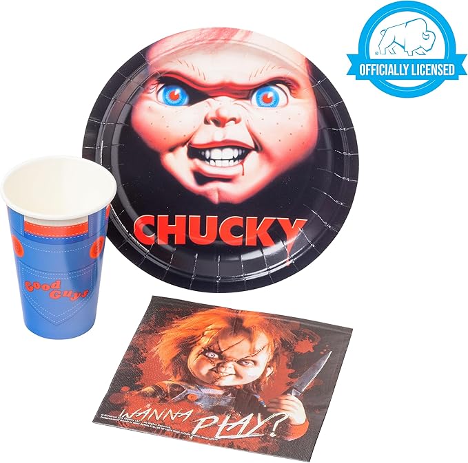 Silver Buffalo Chucky Wanna Play 60 Pack Partyware Disposable Paper Plates, Napkins, and Cups