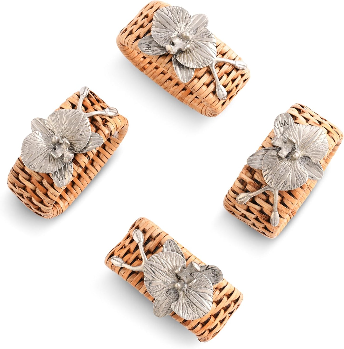 Vagabond House Natural Eco-Friendly Pewter Orchid on Rattan Napkin Rings - Designer Rattan Decor, House Naturals - Easy Care, Refined Tablescape Set of 4