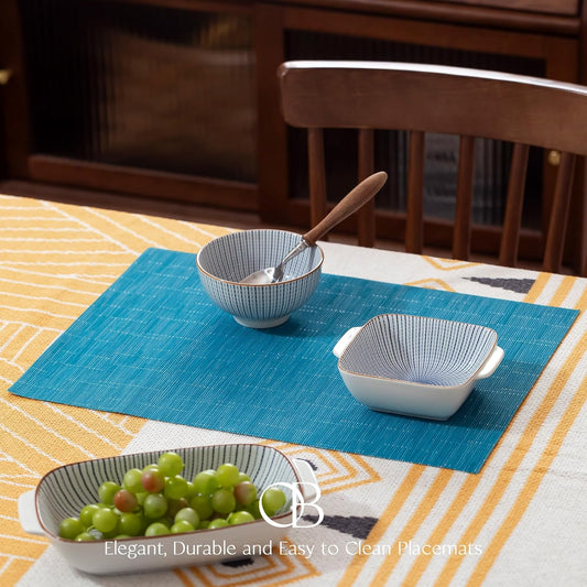 Placemats Set of 4 - Easy Clean Woven Vinyl Placemats for Dining Table, Indoor/Outdoor Place Mats, Washable PVC Table Mats（Teal Blue）