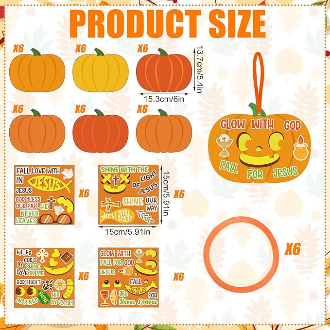 Frienda 48pcs Thanksgiving Pumpkin Craft Kit Christian Fall Jesus Pumpkin Cross Hanging Ornaments with Ribbons Halloween DIY Religious Faith Crafts for Sunday School Party Home Activities