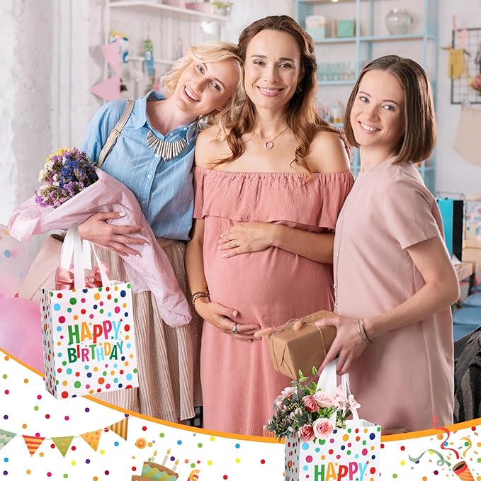 Supervitae 24 Pack Happy Birthday Gift Bags Bulk Medium Rainbow Polka Dot Party Favor Bags Reusable Totes Non Woven Goodie Totes for Birthday Baby Shower Wedding Party Supplies(9.8" x 7.9" x 3.9")