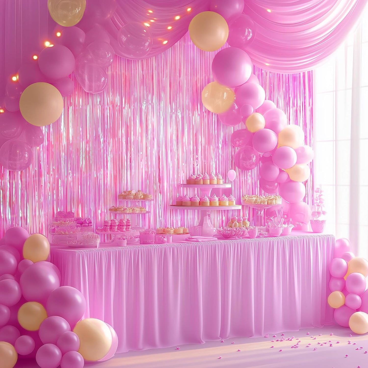 2 Pack Hot Pink Iridescent Streamers Backdrop, 3.3x6.6ft Foil Fringe Curtains Holographic Door Tinsel Streamers Photo Booth Prop for Birthday, Wedding, Holiday, Bachelorette, Theme Party Decorations