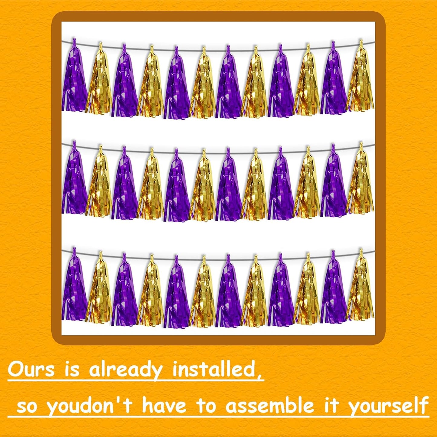 3P Purple Gold Tassel Banner Garland Foil Fringe Tinsel Streamer Banner Backdrop for Parade Floats, Wall Hanging Curtain Parade Floats, Graduation Decorations, Wedding Party Decoration