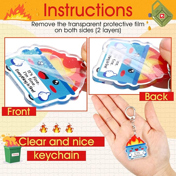 Kenning 50 Pcs Dumpster Fire Keychain Bulk Team Employee Appreciation Gifts Acrylic End of Year Graduation Positive Funny Gift for Coworker Family Friend