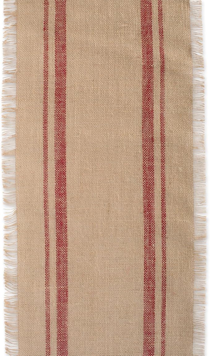 DII Jute Burlap Collection Kitchen Tabletop, Table Runner, 14x72, Double Border Barn Red