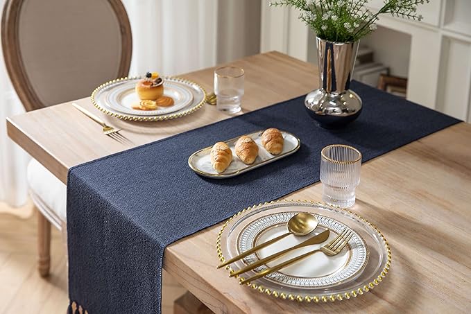 ZeeMart Navy Table Runners 48 Inches Long, Burlap Linen Style Rustic Farmhouse Table Runner, Small Short Boho Coffee Table Runner, 13x48 Inches, Navy