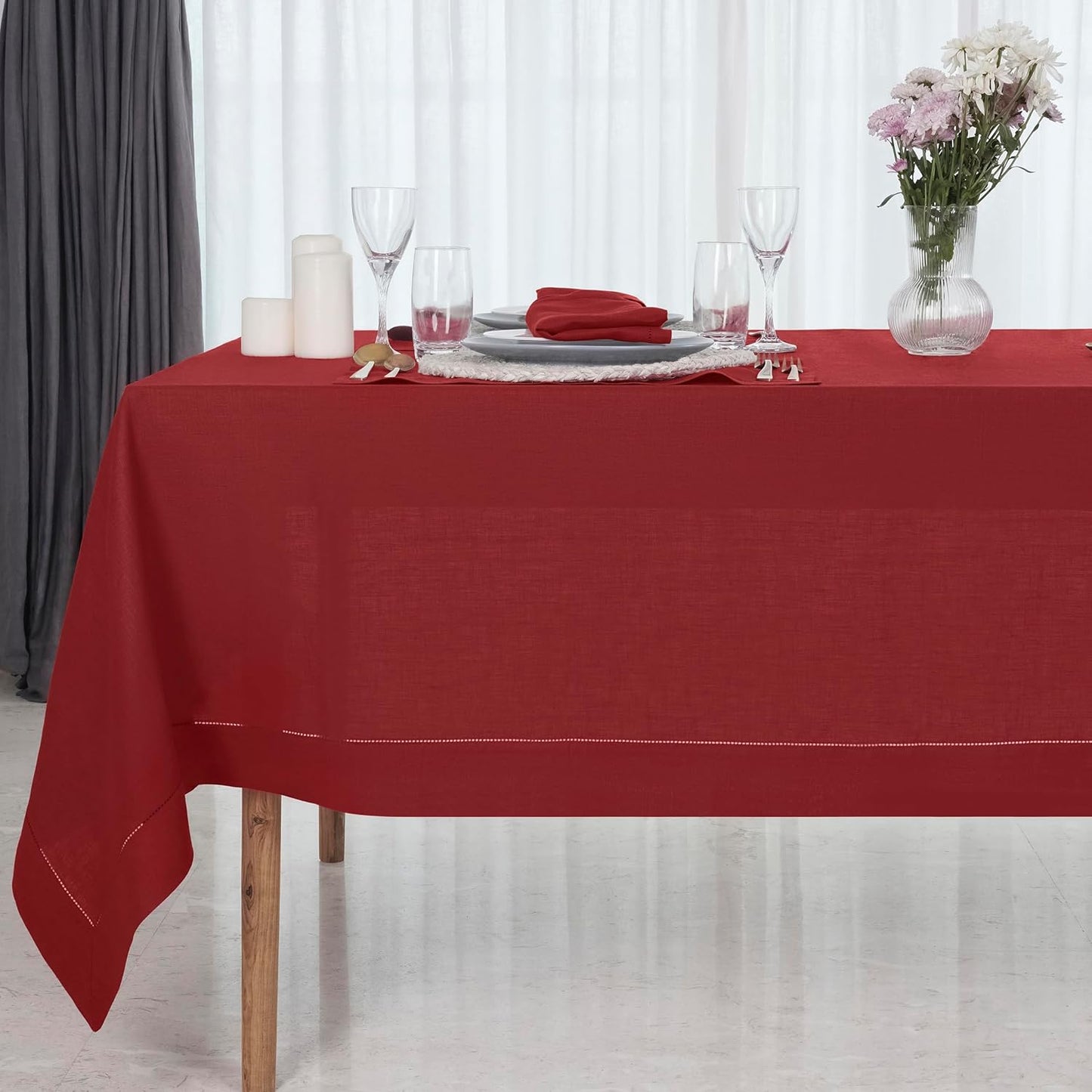 D'Moksha Homes Red Linen Tablecloth for Rectangle Tables 60 x 102 Inch - Classic Hemstitch 100% Pure Linen Red Table Cloth - Machine Washable Dining Tablecloth for Fall, Autumn and Halloween