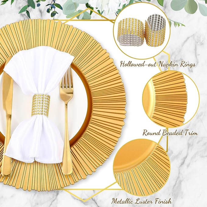 Tanlade 50 Set Bright Gold Charger Plates Bulk with Napkin Rings Plastic 13" Plate Charger Fluted Edge Wedding Decoration for Table Wedding Party Event(Sun)