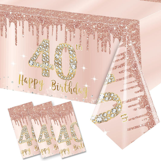 3 Pack Pink Rose Gold 40th Birthday Tablecloth Decorations - Plastic Disposable Rectangular Table Cover Party Supplies
