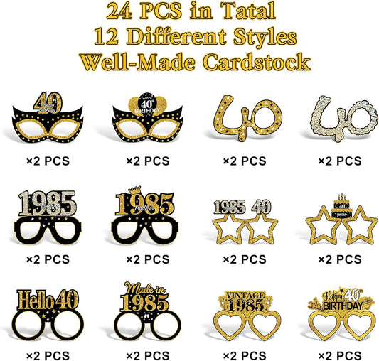 24Pcs 1985 40th Birthday Paper Glasses Decorations for Men Women - Black Gold Happy 40th Birthday Paper Eyeglasses Photo Props, Vintage 1985 Forty Years Old Birthday Party Supplies