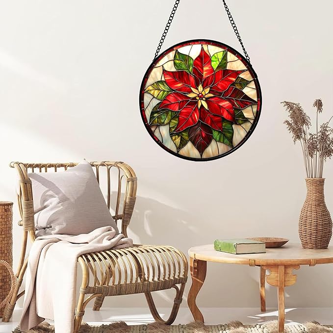 Stained Glass Window Hanging - Red Poinsettia Birth Flowers Suncatcher for Door Garden Yard Sun Catchers Decor Christmas Mother's Day Birthday Gifts for Women Mom Nana Teacher Friend 11.8 in