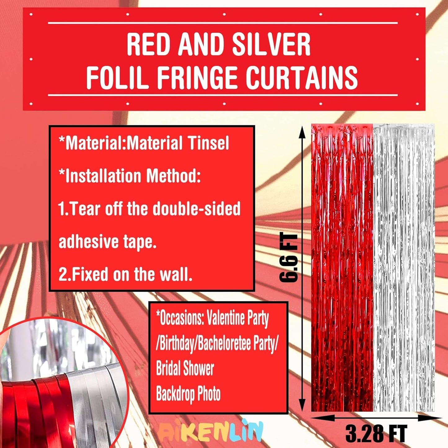4 Pack 3.2Ft x 6.6Ft Silver Red Foil Fringe Curtain Backdrop, Metallic Tinsel Foil Fringe Streamers Curtains Background for Wedding, Circus Welcome Carnival Birthday Party Decoration New
