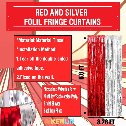 4 Pack 3.2Ft x 6.6Ft Silver Red Foil Fringe Curtain Backdrop, Metallic Tinsel Foil Fringe Streamers Curtains Background for Wedding, Circus Welcome Carnival Birthday Party Decoration New
