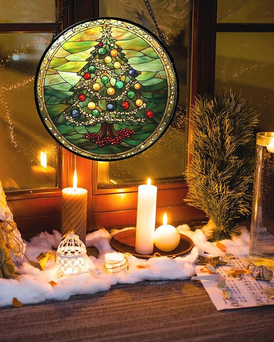 Stained Glass Window Hanging - Green Christmas Tree Gold Ribbon Suncatcher for Doors Home Christmas Decoration Sun Catcher Thanksgiving New Year Birthday Gifts for Women Men Mom Nana 11.8 in