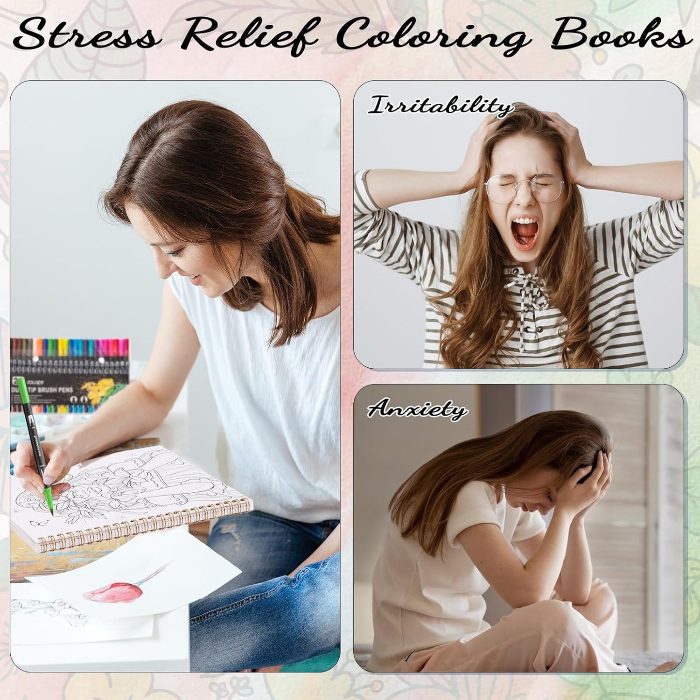 7×8.2in Adult Coloring Book Set for Relaxation, Spiral Bound Coloring Book for Women with 24 Colors Markers, Mindfulness Stress Relief 32 Patterns for Adults, Teens, Gift