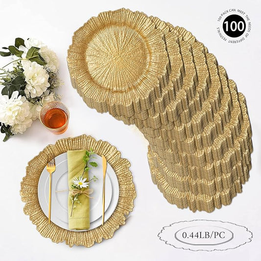 MAONAME 13" Gold Charger Plates Set of 100, Plastic Reef Plate Chargers Bulk, Round Charger for Dinner Plates, Table Chargers for Wedding Decor