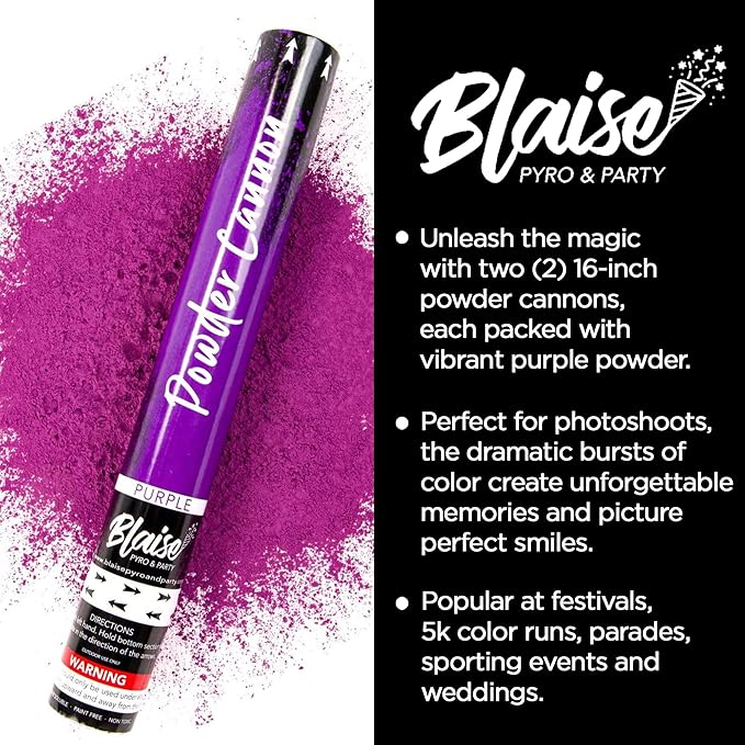 Blaise Pyro & Party - Purple Powder Poppers - Water-Soluble & Colorful Powder Cannons for Gender Reveals, Birthdays, Weddings & Celebrations - Easy to Use for Memorable Photos - 16-Inch, 2-Pack