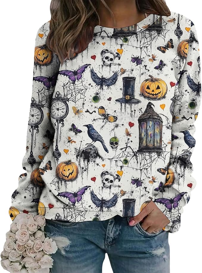 LIZALIG Pullover Cute Sweatshirt Orange Skeleton Fall Festive FunWomens Design Bat Holiday Party Outings Pumpkin Print