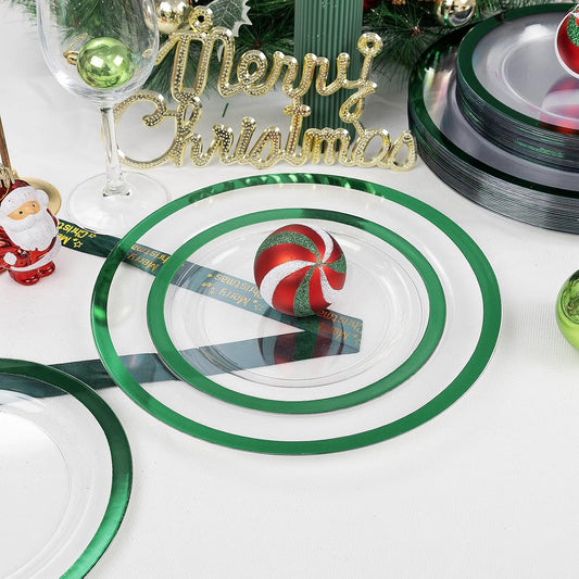 U-QE 200PCS Christmas Plates Disposable - Green Plastic Plates Disposable Heavy Duty- Holiday Plate Include 100 10" Dinner and 100 7" Dessert Platos, Perfect for Christmas Party