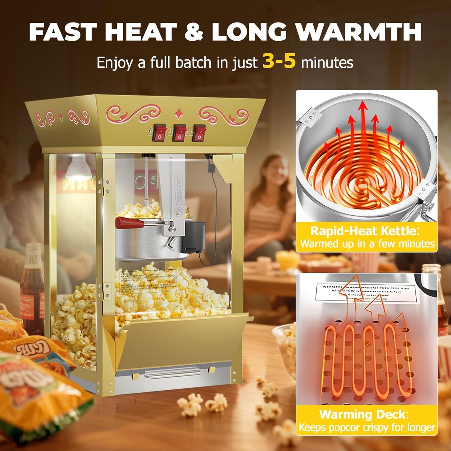 2025 Upgraded 12 oz Popcorn Machine Cart, Popcorn Maker Machine with Stainless-Steel Kettle Makes Up to 48 Cups, Movie Theater Pop Corn Machine with 3-Switch Control & Tempered Glass Doors, Red