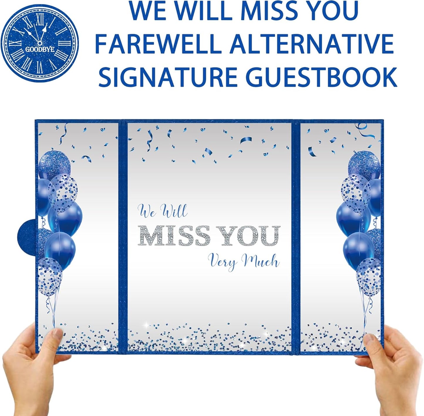 DARUNAXY Blue Silver Farewell Party Decorations, We Will Miss You Very Much Alternative Signature Guest Book for Men Women Going Away Gifts Signing Card Board for Retirement Graduation Party Supplies