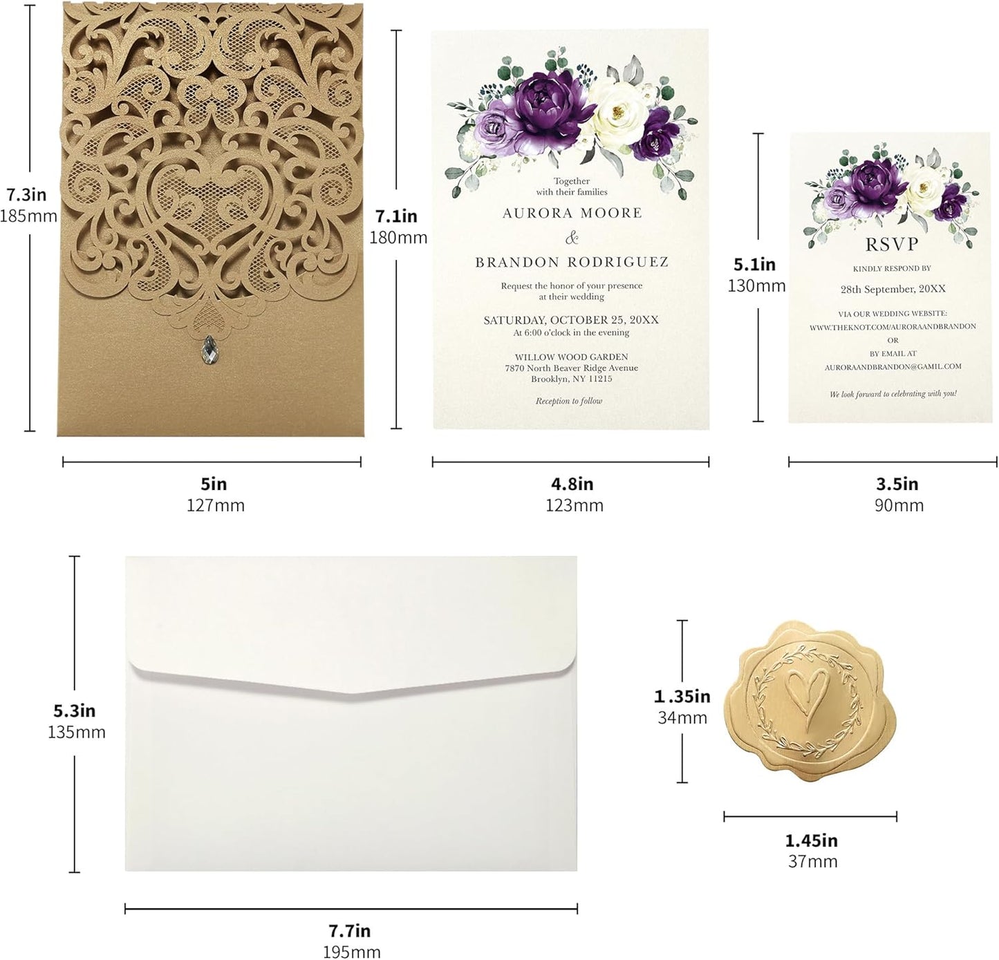 50pcs Laser Cut Wedding Invitations with Envelopes and RSVP Cards Purple and Gold, 5x7.3 Personalized Invitation Cards for Wedding, Anniversary Invitations with Rhinestone