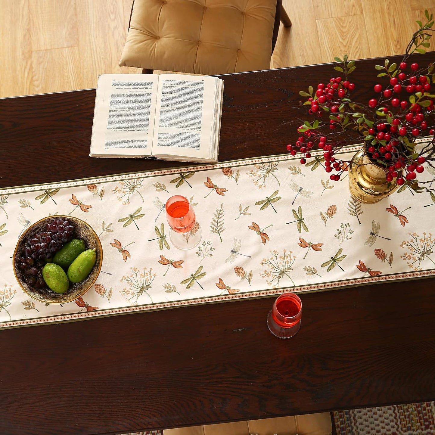 ISAENNE Designer Ivory White Velvet Table Runner 71 Inches Long,Farmhouse Dragonfly and Floral Pattern Table Runners for Dining Tables,Thanksgiving,Kitchen Tables,Christmas,12"*71"-Grace B