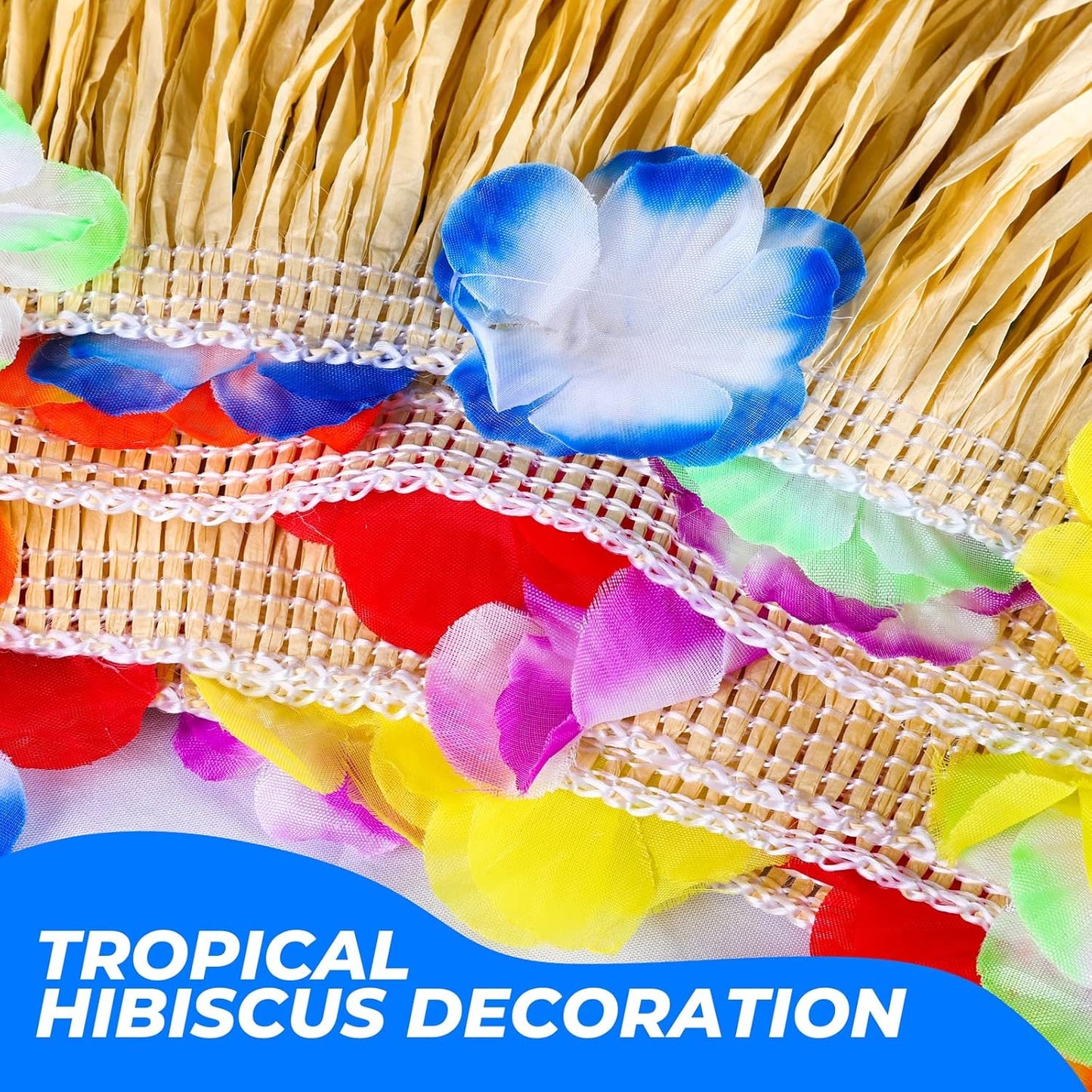 Aodaer Paper Luau Grass Table Skirt with Hibiscus Flowers 9 Feet x 30 Inch Raffia Style Hawaiian Table Skirt Rectangle Tropical Luau Party Decorations for Summer Beach Party, Straw