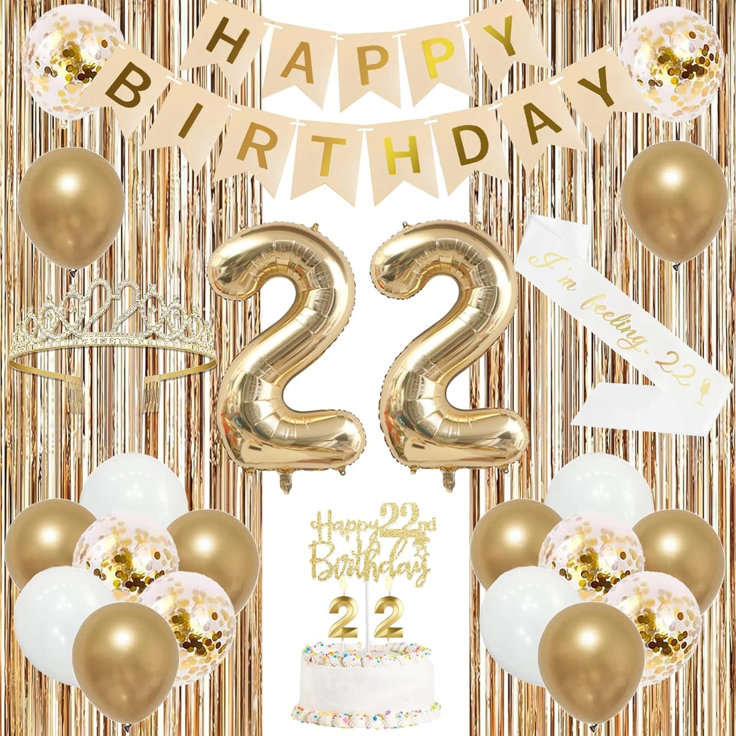 Trgowaul 22nd Birthday Decorations for her, Champagne Gold Happy 22nd Birthday Supplies for Girls, 22 Sash and Crown, Banner, Fringe Curtains, Cake Topper, 22 Year Old Party Supplies Set