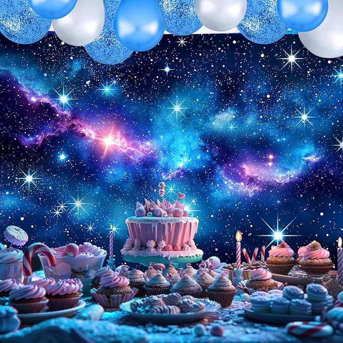 Homewelle Galaxy Stars Starry Night Sky Backdrop 7Wx5H Feet Polyester Fabric Blue Purple Outer Space Universe Nebula Fantasy Decoration Cosmic for Boy Kids Photography Background Photo Shoot Props