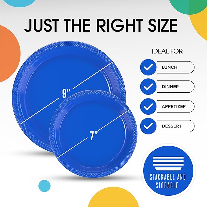 Party Solids Dark Blue Plastic Plates For Party Supplies, Dark Blue Disposable Plates 100 Pieces - 50-7" & 50-9" Heavy Duty 350 GSM Disposable Dinnerware Sets, Plastic Dinnerware Sets