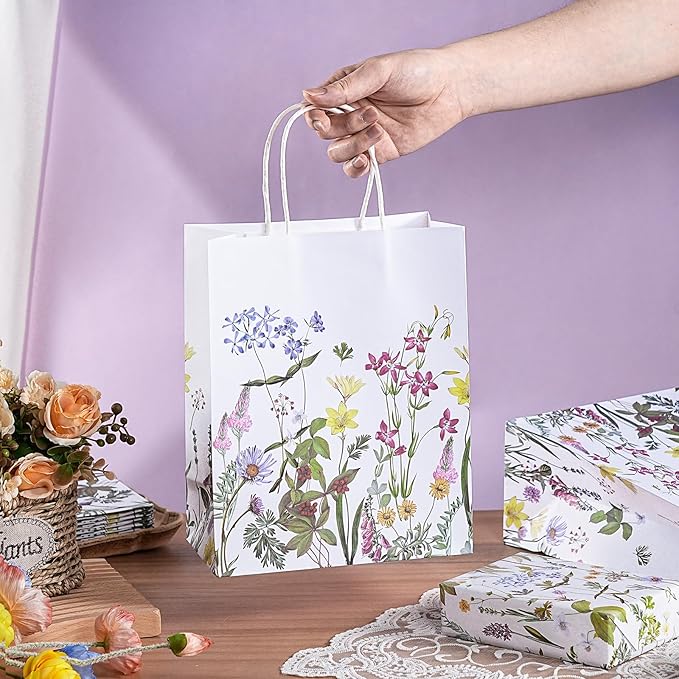 Loveinside Vintage Wildfloral Paper Gift Bag, Spring Flower Deisgn with Handles Grocery Shopping Bags Candy Goodie Bags for Birthday, Wedding, Spring, Mother's Day, 8" x 4" x 10", 12 Pcs