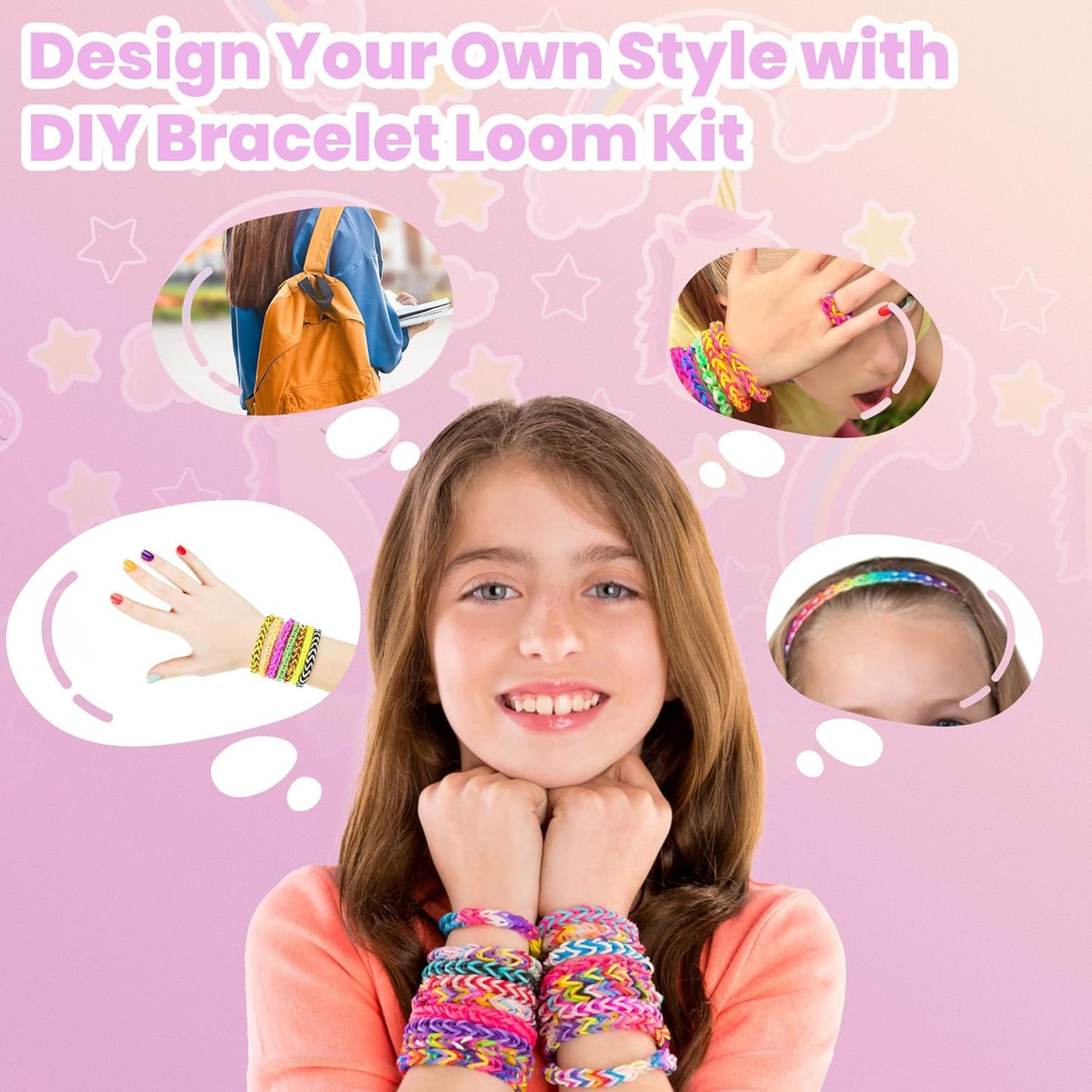 Bracelet Making Kit for Girls Ages 8-12, Weaving Rainbow Bands kit,DIY Toys for Friendship Birthday Gifts for Kids 6 7 9 10 11 13 Year Old, 1200+ Elastic Cloth Rubber Band Fabric Loops