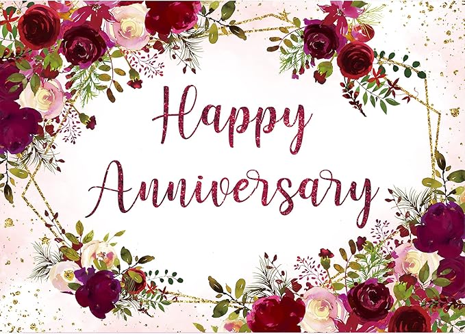 Homewelle Happy Anniversary Backdrop 7Wx5H Feet Polyester Fabric Elegant Burgundy Flower Rose Plant Botanical Decoration Green Leaves Gold Glitter Photography Background Photo Shoot Props